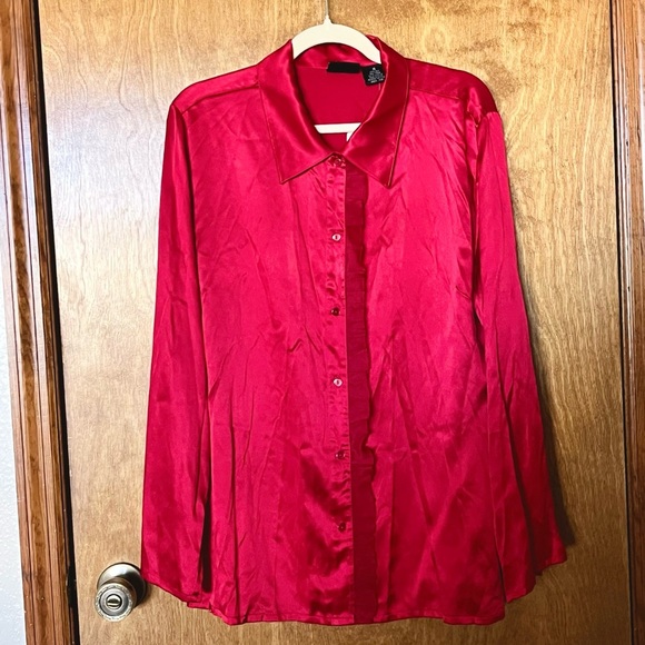 Crossing Pointe Tops - Vintage 1990s Crossing Pointe Red Silk Blouse Size XL Romantic Ruffle Detail